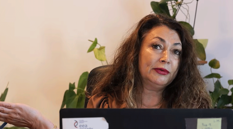 Woman with long curly hair sits at a desk with a laptop, gesturing with her left hand in a plant-filled office setting.