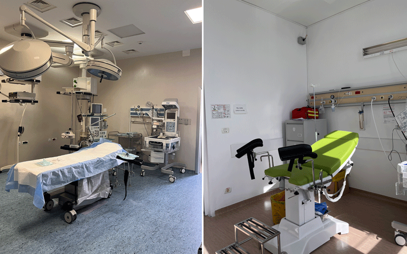 Two-room view of a hospital: left shows an operating theater with overhead surgical lights, a patient bed, and medical monitors; right shows a clinic room with a green gynecological exam chair and wall-mounted medical equipment.