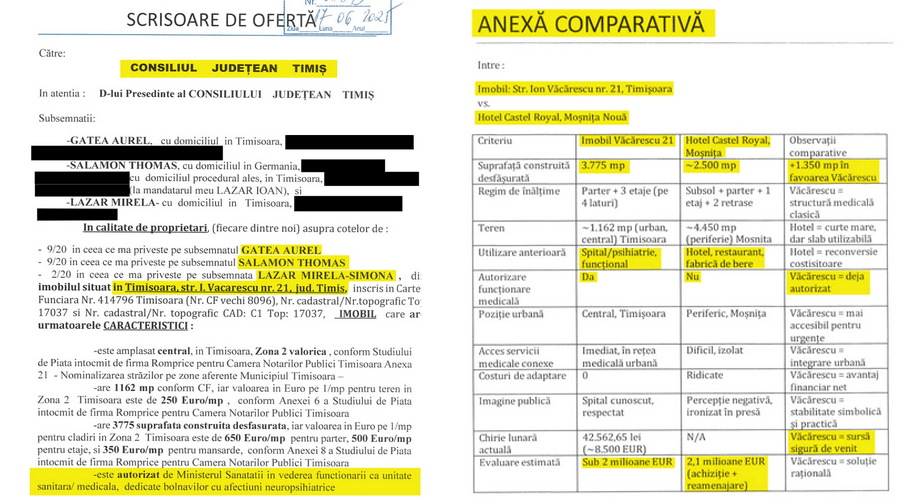 Documentul 'Anexă Comparativă' prezentat în images: tabel cu criterii, imobile și observații comparativă între două locuri/zone (Timișoara).