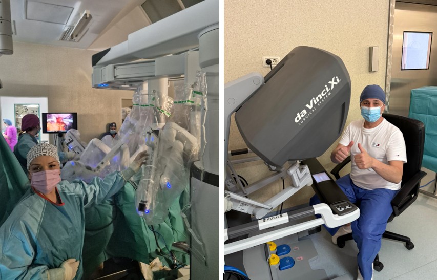 Surgeons operate with a multi-arm da Vinci robotic system in an operating room.
