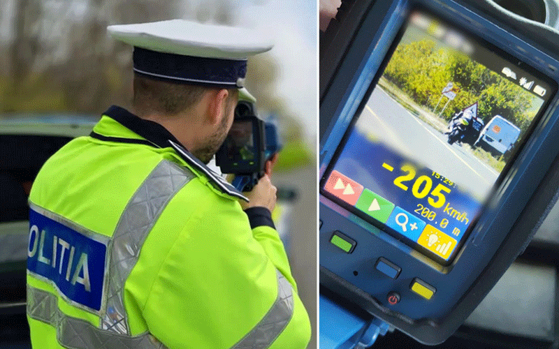 Split image: left shows a police officer in a neon jacket taking a photo with a handheld camera; right shows a speed radar device reading 205 km/h on a road.