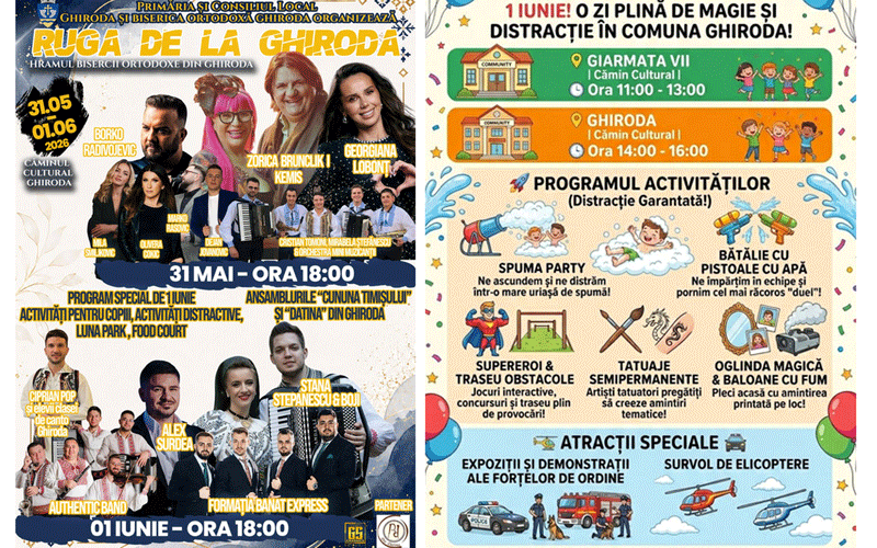 Two colorful event posters: the left shows Ruga de la Ghiroda concert lineup with photos of performers and dates May 31–June 1, 2026; the right outlines a June 1 community festival with activities, attractions, and performances.