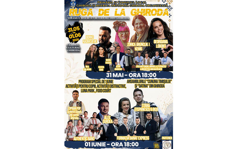 Poster for a local cultural festival 'Ruga de la Ghiroda' featuring performers and dates May 31–June 1, 2026?