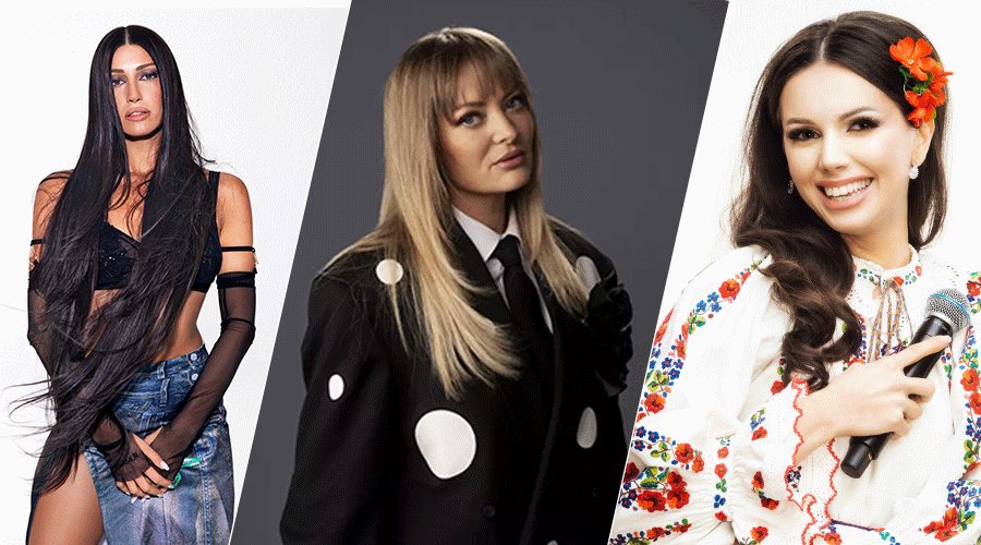 Collage of three women in separate panels: left in a black sheer top and denim shorts, center in a black suit with white polka-like shapes, right in a white embroidered blouse holding a microphone.