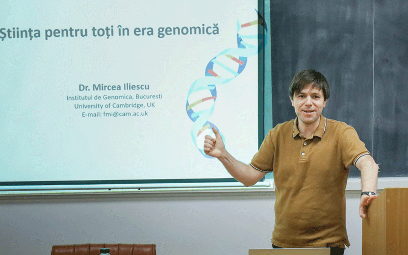 Dr. Mircea Iliescu giving a genomics lecture at a podium; slide shows a DNA double helix and Romanian title.