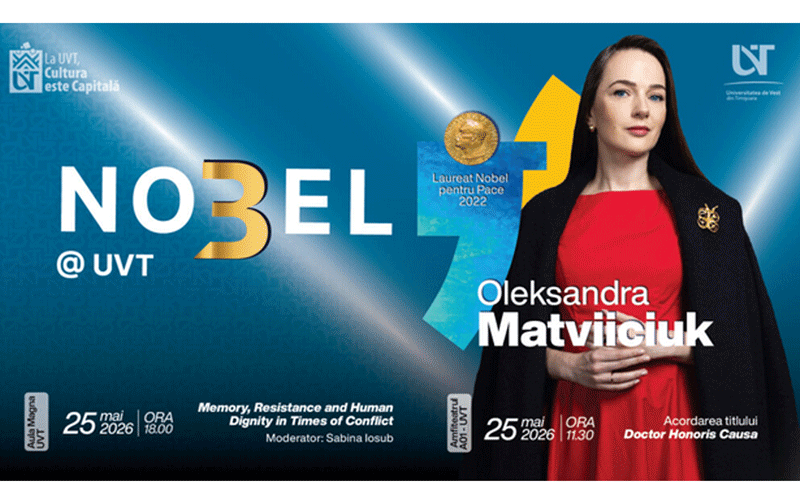 Event poster: Oleksandra Matviїчuk, Nobel Peace Prize laureate 2022, announced for a talk at UVT on memory, resistance and dignity in times of conflict.
