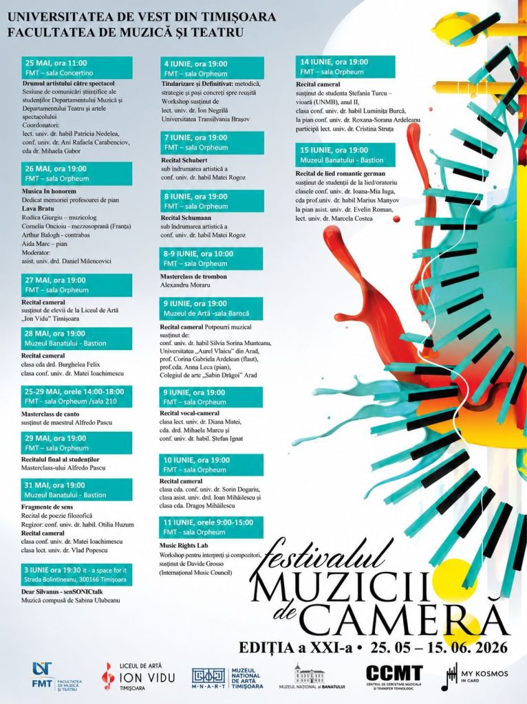 uvt festival muzica de camer - Sursa de Vest Poster for Festivalul Muzicii de Cameră announcing the 2026 edition (May 25–June 15) with a colorful guitar/piano artwork and schedule blocks on the left.