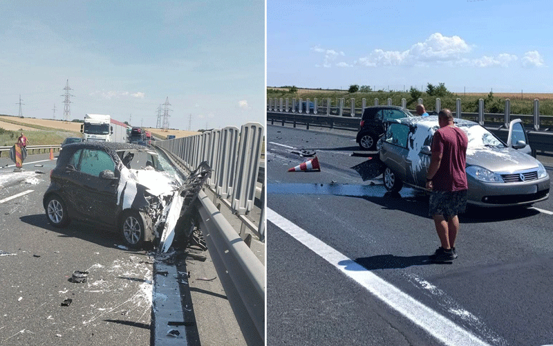 accident-autostrada-A1 - Sursa de Vest Two-panel highway crash scene: a small car severely damaged against a metal barrier on the left, debris scattered on the road and a truck in the background under a clear sky.