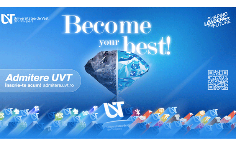 Blue university banner with the slogan 'Become your best!' and a split diamond emblem; includes 'Admite UVT' call-to-action and a row of colorful symbols at the bottom, with a QR code on the right.
