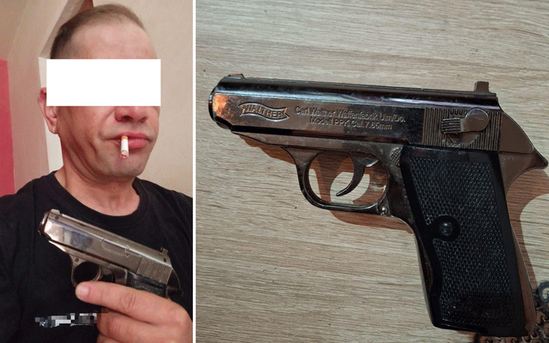 Two-panel image: on the left, a man with a cigarette in his mouth holds a handgun; his eyes are obscured for privacy. on the right, a close-up of a semi-automatic pistol resting on a wooden surface.