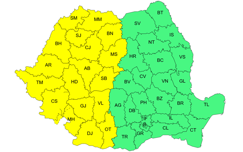 anm-2 - Sursa de Vest Color-coded map of Romania's counties with yellow on the west and central areas and teal on the east and southeast; each county is labeled with its two-letter code (e.g., AB, BH, CL, GL).
