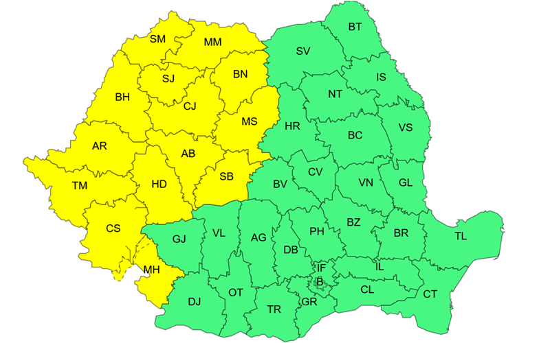 anm - Sursa de Vest Color-coded map of Romania's counties, with western and central counties in yellow and eastern/southern counties in green.