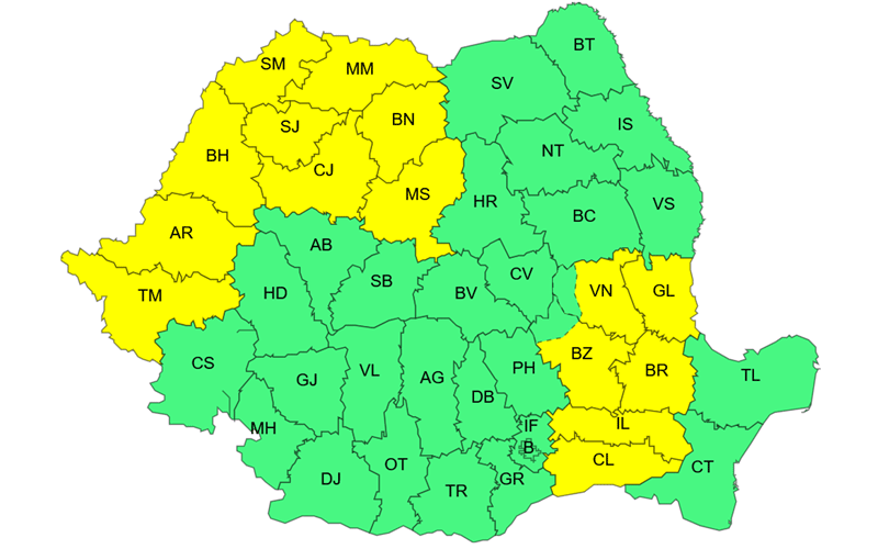 anm - Sursa de Vest Map of Romania's counties color-coded in yellow and green, showing regional groupings.