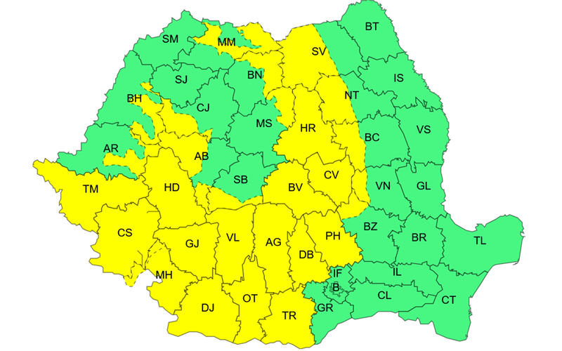 anm - Sursa de Vest Map of Romania's counties color-coded in yellow and green with two-letter county abbreviations.