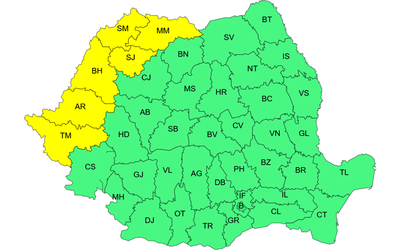 anm - Sursa de Vest Map of Romania's counties color-coded: yellow western counties and green eastern counties, with each county labeled by 2-letter codes.