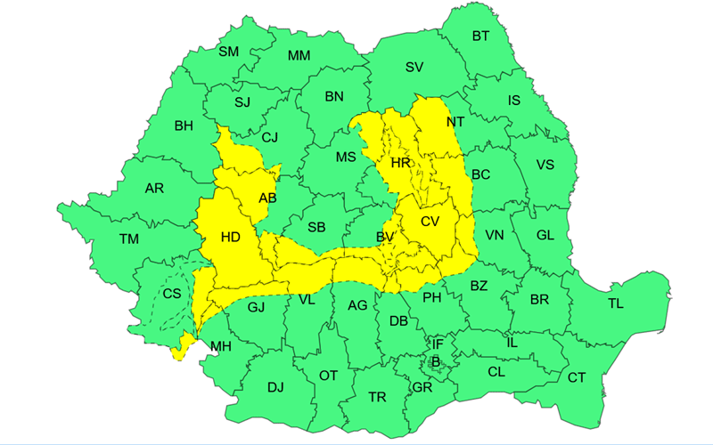 anm - Sursa de Vest Map of Romania with most counties in green and a central cluster shaded yellow indicating a different status or region.