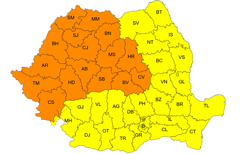 Color-coded map of Romanian counties; orange regions in the northwest and central-west, yellow elsewhere, with two-letter county codes.
