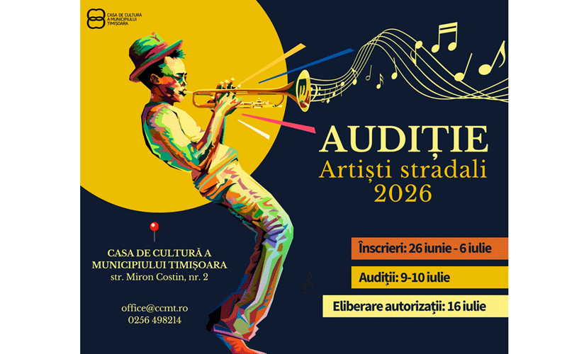Poster promoting the 2026 street-artists audition, featuring a colorful trumpet player against a dark blue background with a yellow sun and musical notes.