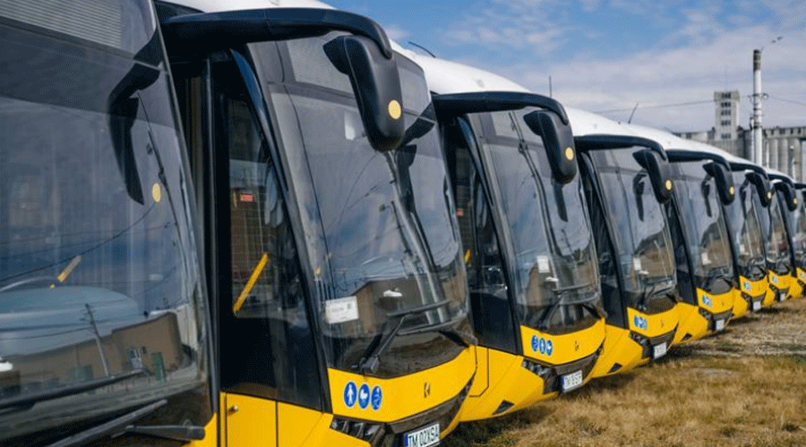 Row of yellow and black trams parked in a depot, viewed from the front, with reflections on the glass cabs (informative)