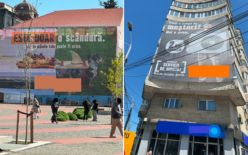 Two urban scenes: left a square with a large mural banner featuring dogs and text, people walking; right a tall curved building with big billboard ads.