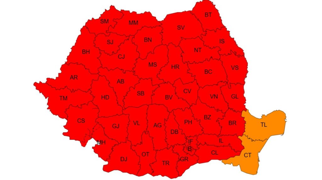 Romania county map with most counties in red and two eastern counties (Tulcea and Constanța) in orange.