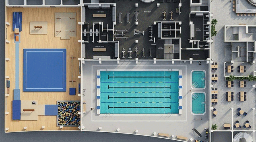 Aerial view of a gym facility showing a large indoor swimming pool with lane lines, adjacent hot tubs, and a surrounding workout area with equipment.