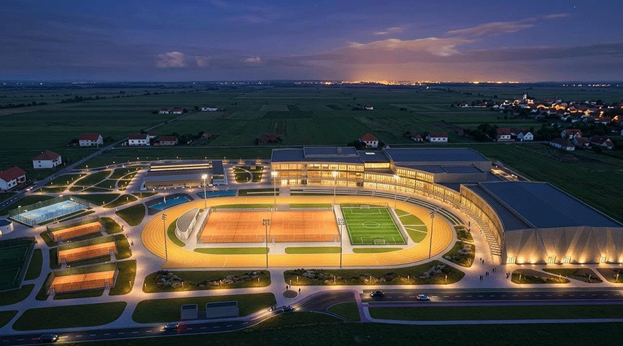 Aerial night view of a brightly lit sports complex: oval running track around a soccer field, with modern buildings and surrounding fields.