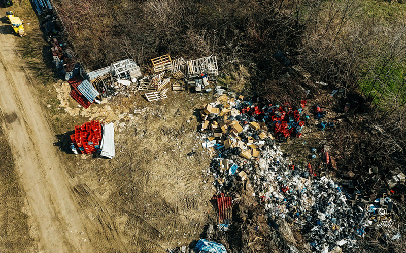 Aerial view of a scrapyard: piles of pallets, discarded items, and trash along a dirt road.