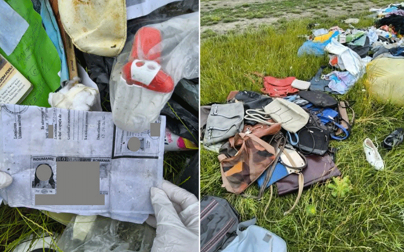 deseuri - Sursa de Vest Two-panel image of litter: left shows gloved hands handling trash with a labeled package, right shows a pile of clothes and bags dumped on grass in a field.