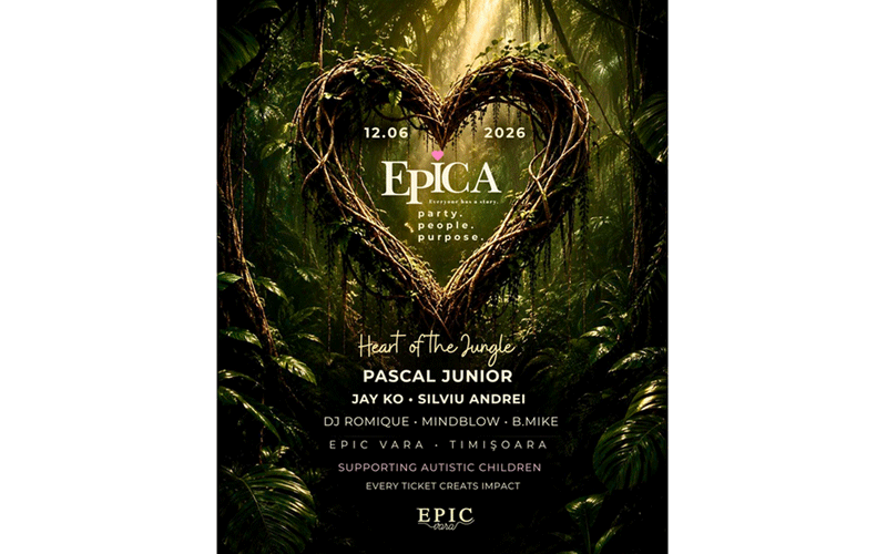Poster for EPICA 'Heart of the Jungle' with date 12.06 2026, listing Pascal Junior, Jay Ko, Silviu Andrei, DJ Romique, Mindblow, B.Mike, and others