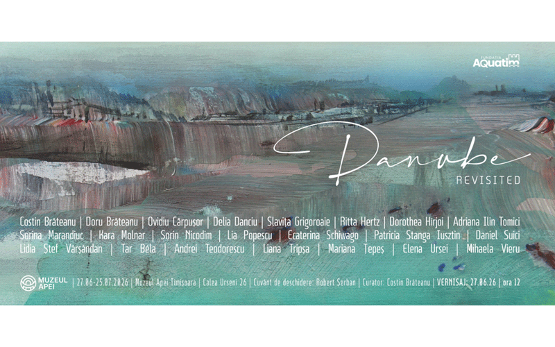 Promotional banner for the 'Danube Revisited' exhibition featuring a blue‑green abstract river landscape and the title in cursive.
