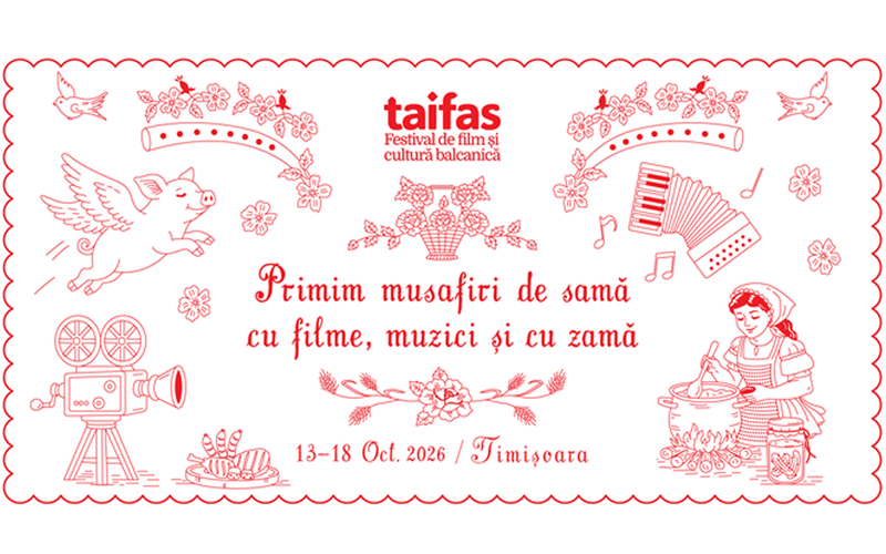 Red line-art festival banner for Taifas Balkan film and culture festival in Timisoara, 13–18 Oct 2026, featuring decorative icons (flying pig, camera, accordion, flowers) and a woman cooking.