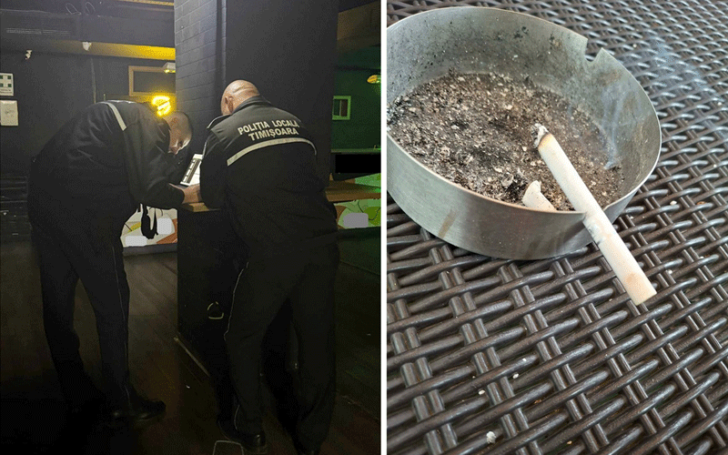 Two men in dark uniforms, one leaning over a counter, inspecting something at a bar or checkpoint (police scene).