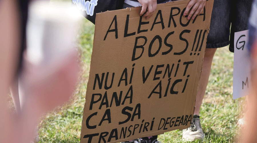 Cardboard protest sign with bold Romanian text held by a person outdoors on grass.