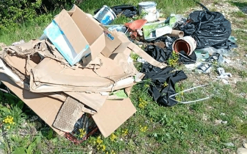 Piled-up litter and discarded cardboard boxes, bags, and debris on a grassy area outdoors, showing improper waste disposal.