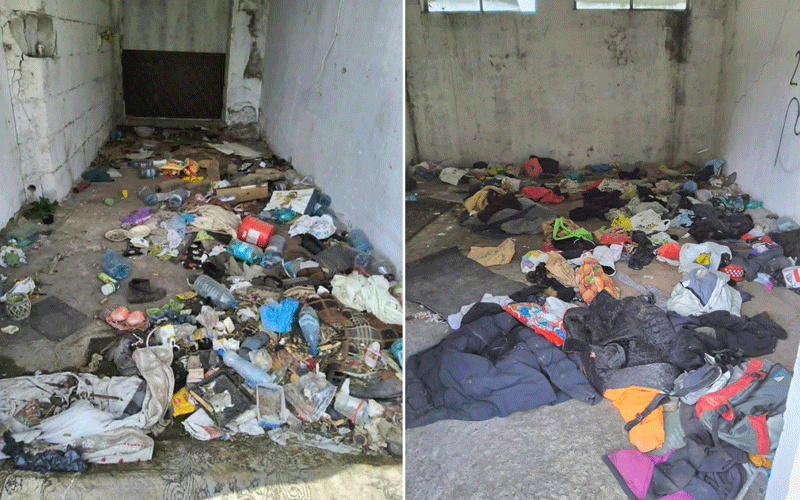Two side-by-side photos of a dilapidated room cluttered with trash and clothing scattered across the floor.