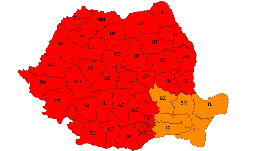 Color-coded map of Romania's counties; most are red, with a southeastern block shaded orange and labeled by county abbreviations (e.g., BZ, BR, CL, CT, TL).