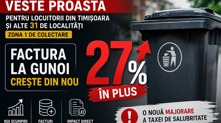 Banner ad announcing a 27% increase in the sanitation bill, with a large red '27%' and a trash bin on the right.