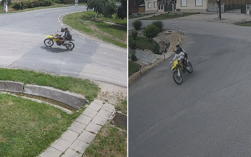 Person wearing a helmet rides a yellow dirt bike on a residential street, shown from two angles in a split image.