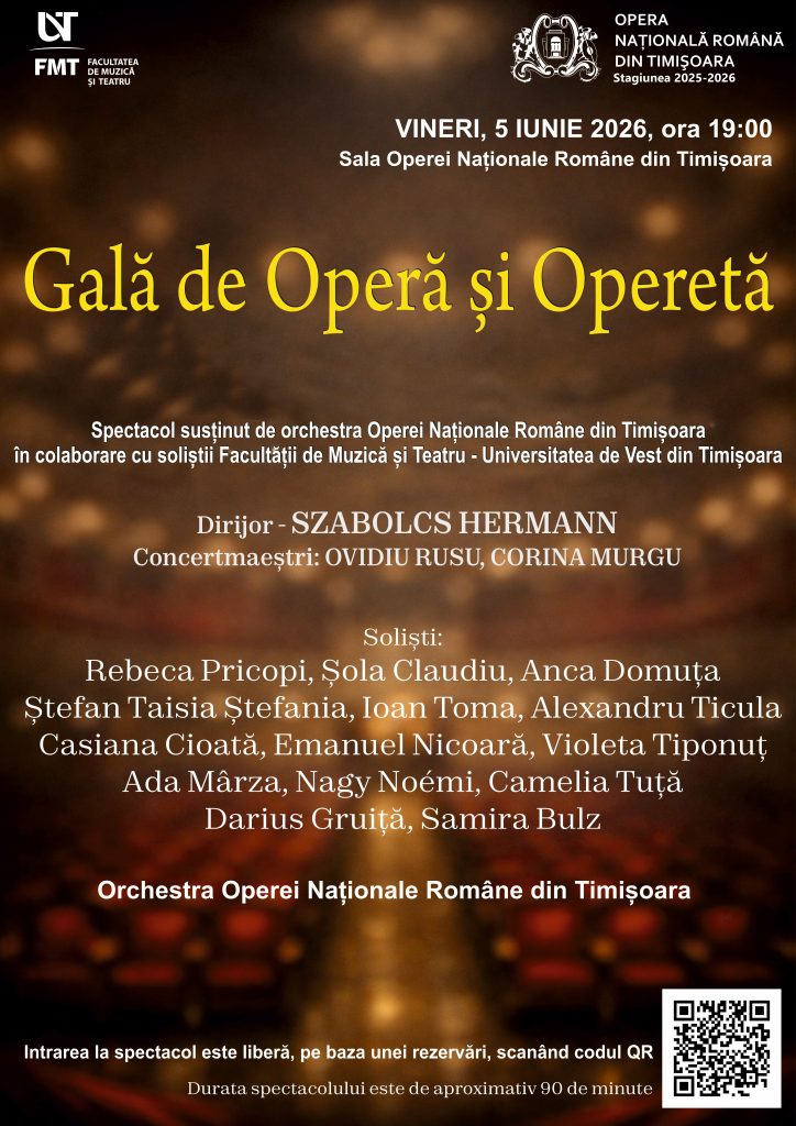 opera si opereta - Sursa de Vest Poster pentru Gala de Operă și Operetă cu detalii despre dată, ora și locație (5 iunie 2026, Sala Operei Naționale Române din Timișoara).