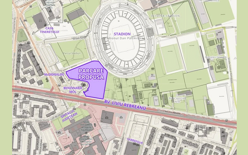 Map of stadium area with proposed parking 'Parcare Propusa' highlighted in purple beside BV Liviu Rebreanu Boulevard (Bulevard Liviu Rebreanu).