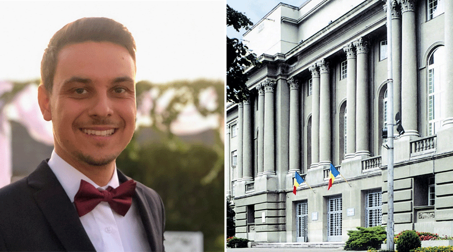 Left: smiling man in a tuxedo with a burgundy bow tie. Right: neoclassical government building with tall columns and flags.