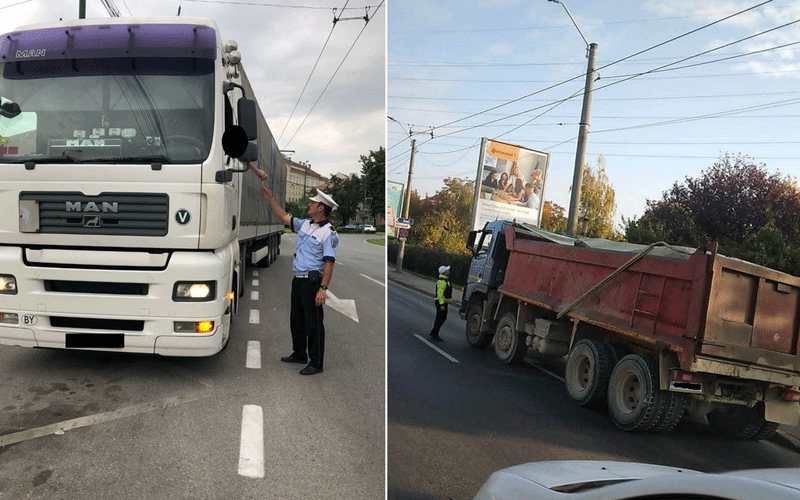 Two-panel scene: a police officer signals a large white MAN truck on a city street; a dump truck with a worker stands nearby on the road behind him.