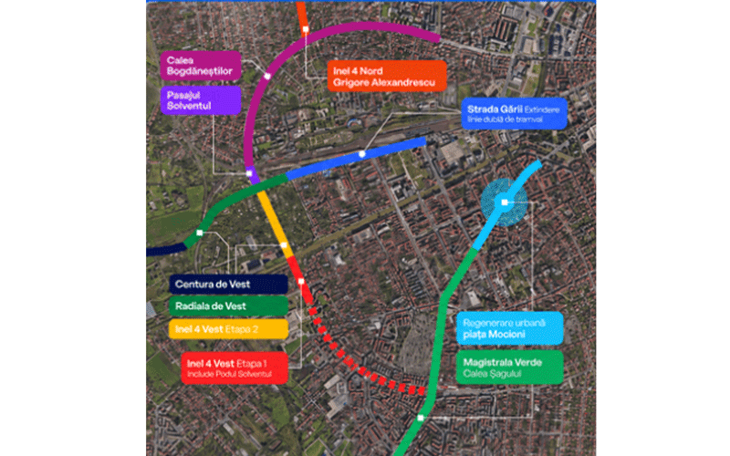 Infographic map of a city showing multiple colored transit corridors (purple, blue, green, yellow, red) with labeled stations and routes for an urban mobility plan in Romanian.