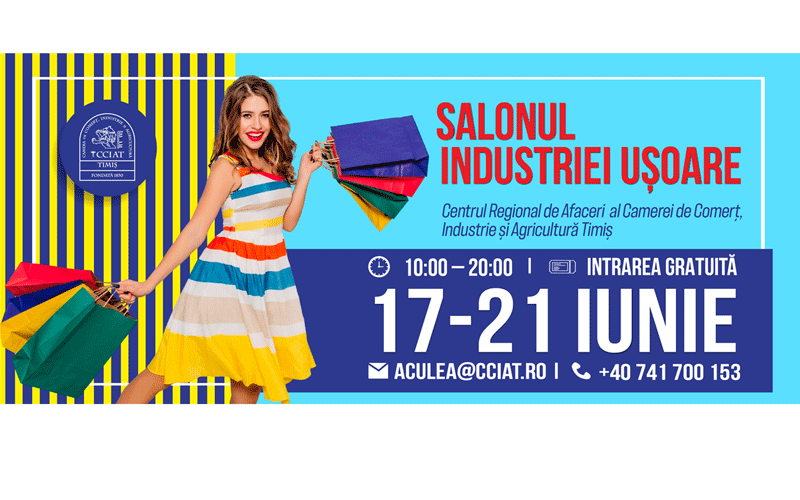 Promotional banner for Salonul Industriei Ușoare with a smiling woman holding shopping bags; dates 17–21 Iunie, 10:00–20:00, free entry, contact info included.
