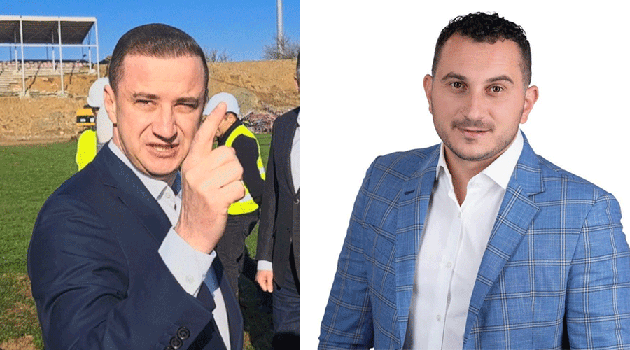 Two men in business attire: left man outdoors at a construction site gesturing with a raised finger; right man in a blue plaid suit posing against a white background.