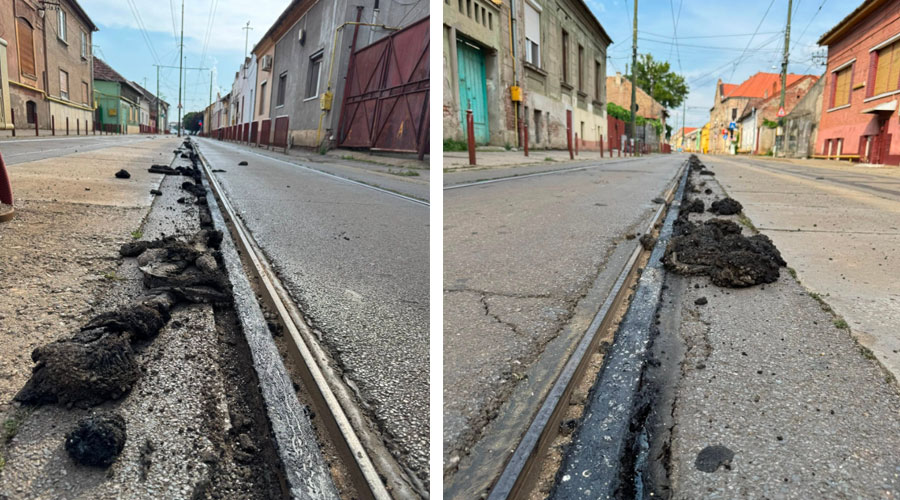Two street views showing a damaged road with a trench along tram tracks and piles of asphalt rubble beside colorful houses on either side of the street.