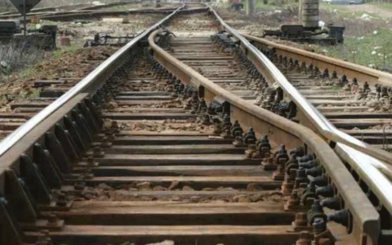 Railway switch where two tracks diverge, with curved rails and wooden ties visible at ground level.