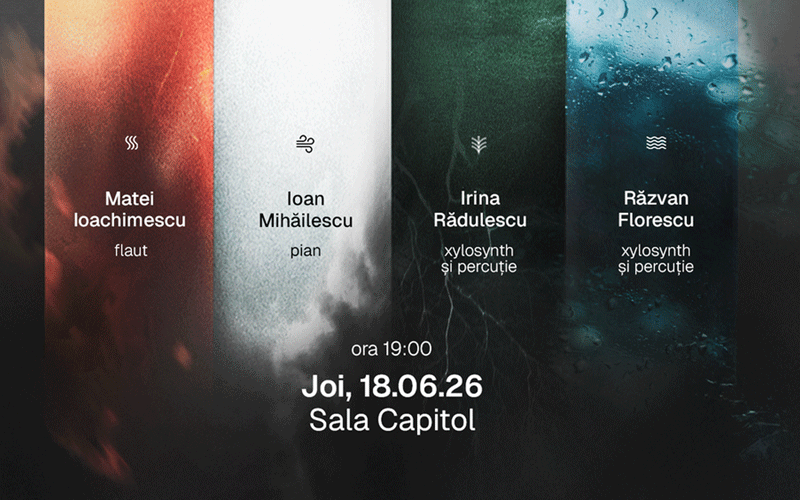 Event concert poster showing four artists (Matei …, Ioan Mihăilescu, Irina Rădulescu, Răzvan Florescu); date Joi 18.06.26, 19:00, Sala Capitol