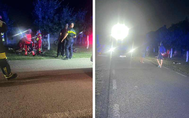 Nighttime emergency scene with responders tending to an injured person on a roadside, bystanders nearby and flashing lights from emergency vehicles on the left panel.